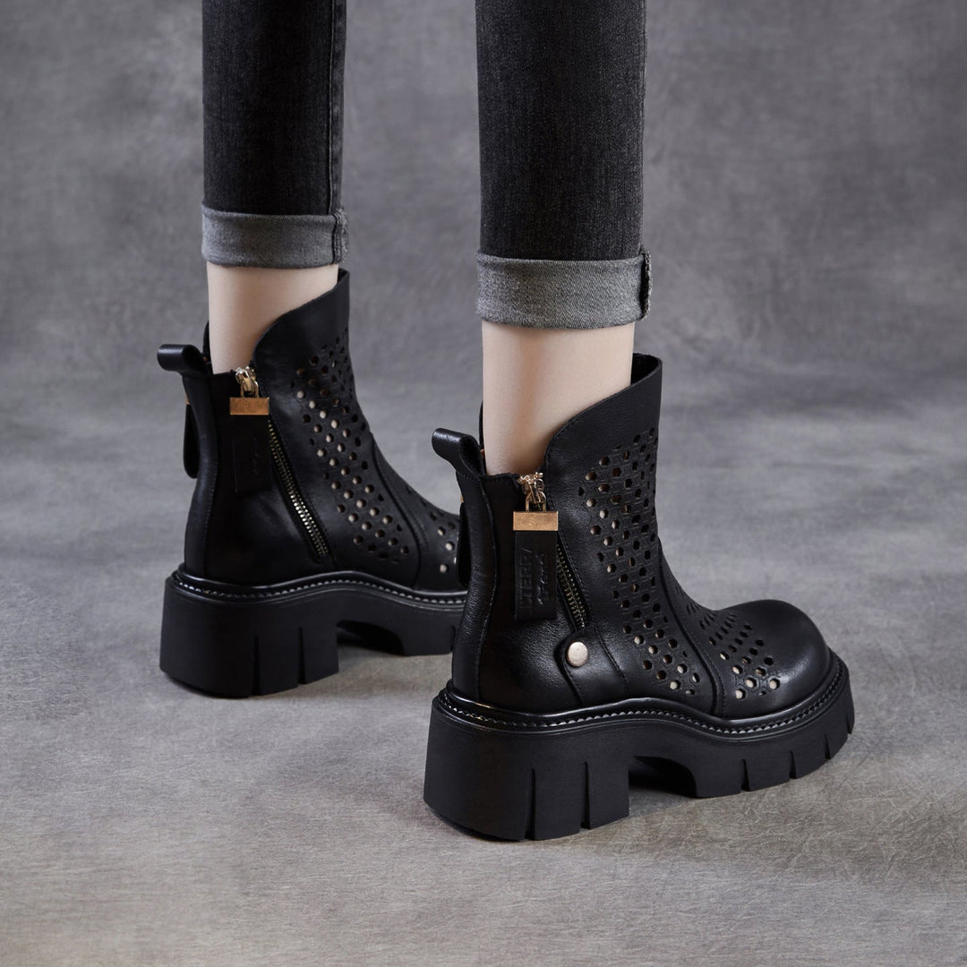 Women’s Retro Leather Cut-Out Ankle Boots – Summer Chunky Block Heel Zip Boots
