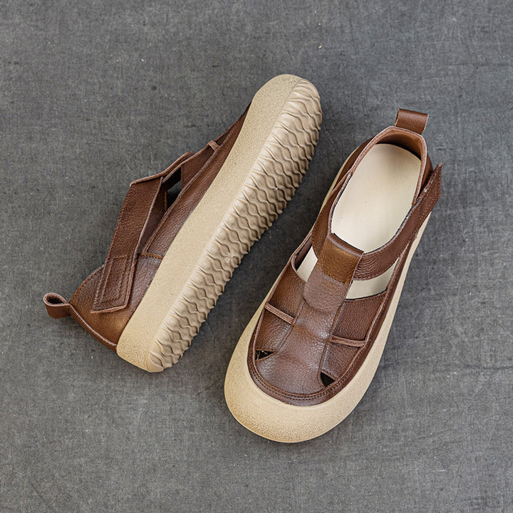 Womens Retro Woven Leather Fisherman Sandals Velcro Closed Toe Platform Walking Shoes