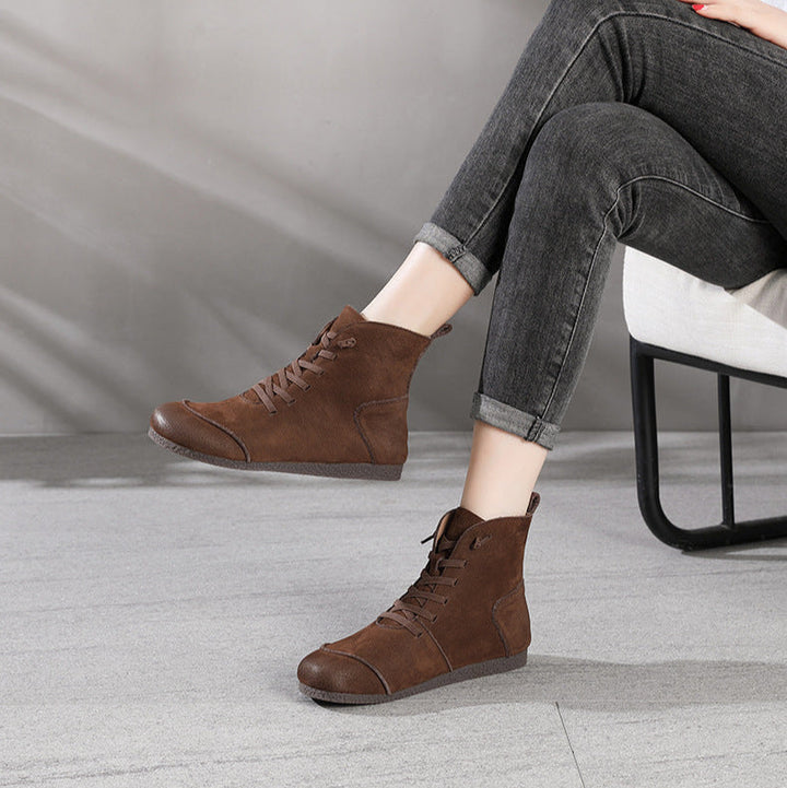 Women's Leather Contrast Panel Ankle Boots - Round-Toe Lace-Up Design