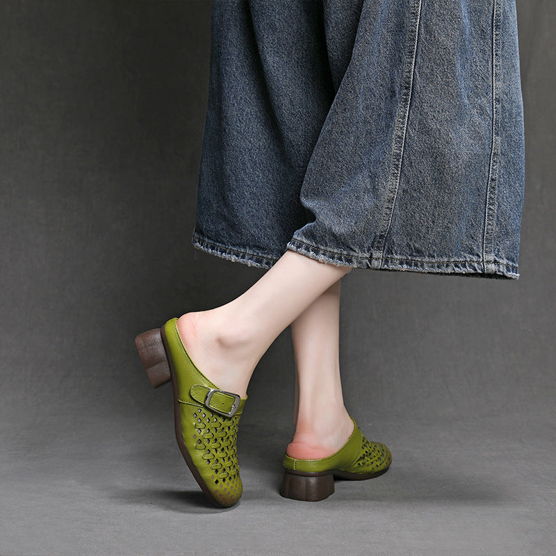 Women's Leather Woven Mules - Hollow Out Perforated Closed Toe Sandals Low Block Chunky Heel Slides with Buckle