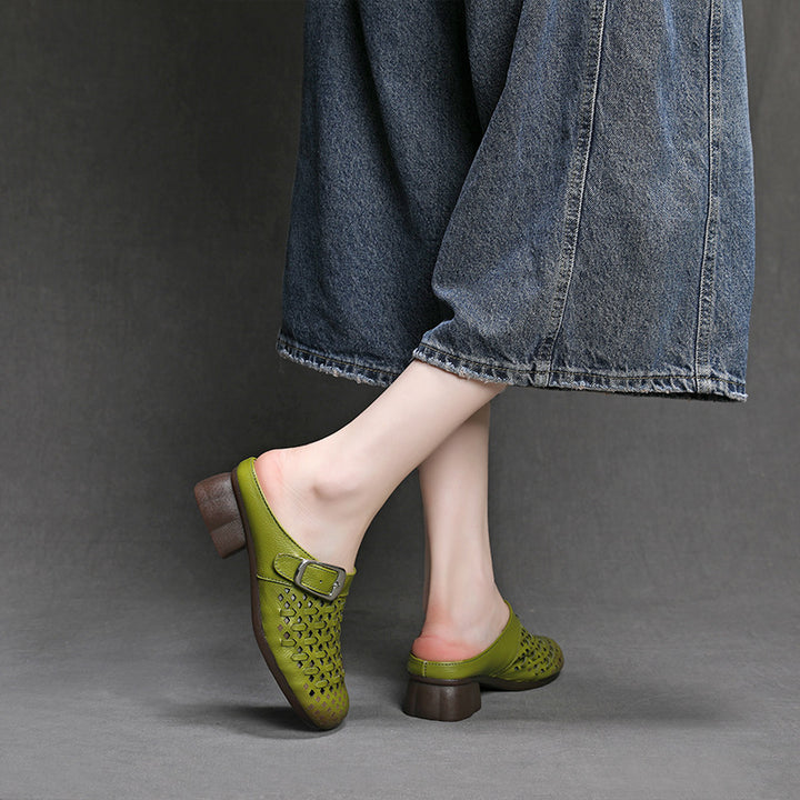 Women's Leather Woven Mules - Hollow Out Perforated Closed Toe Sandals Low Block Chunky Heel Slides with Buckle