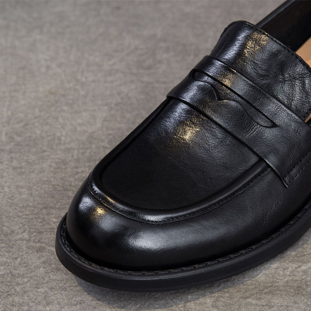 Women's Genuine Leather Penny Loafers Vintage Slip-on Round Toe Low Heel Shoes