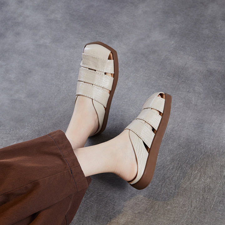Women's Leather Mules - Multi-Strap Woven Closed Flat Sandals Casual Summer Slip-On Slides