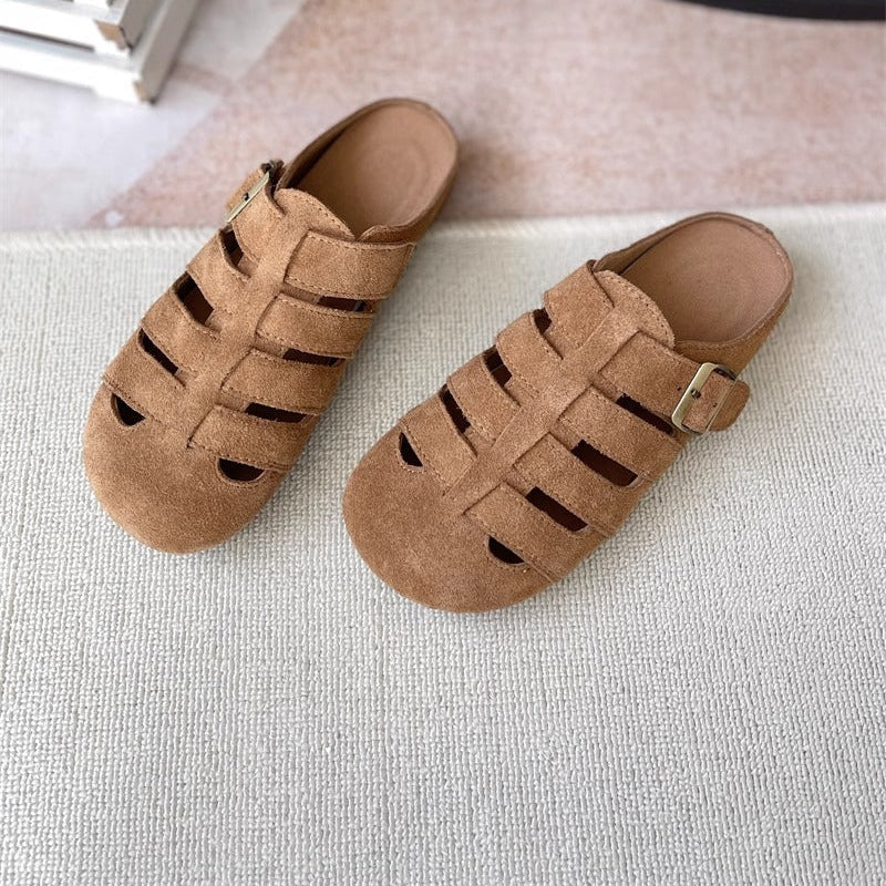 Women's Suede Round Toe Hollowed Out Casual Buckle Mule