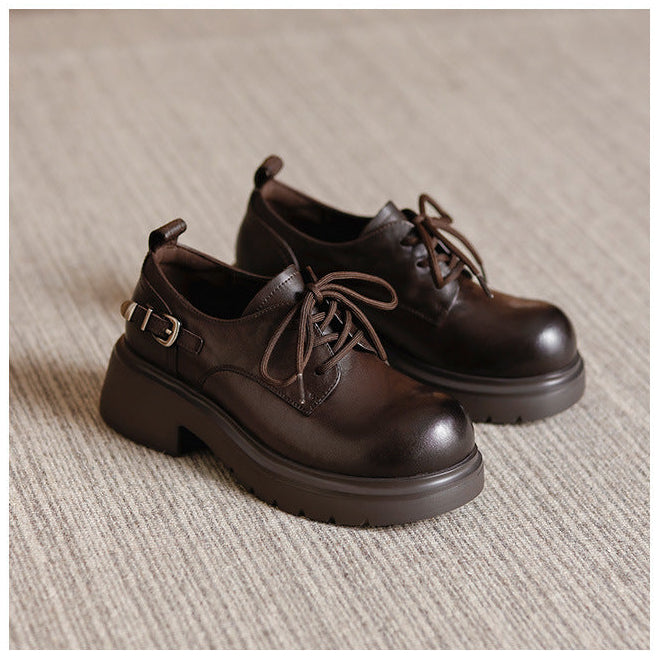 Women's Platform Genuine Leather Oxfords Buckle Lace Up Chunky Heel Shoes