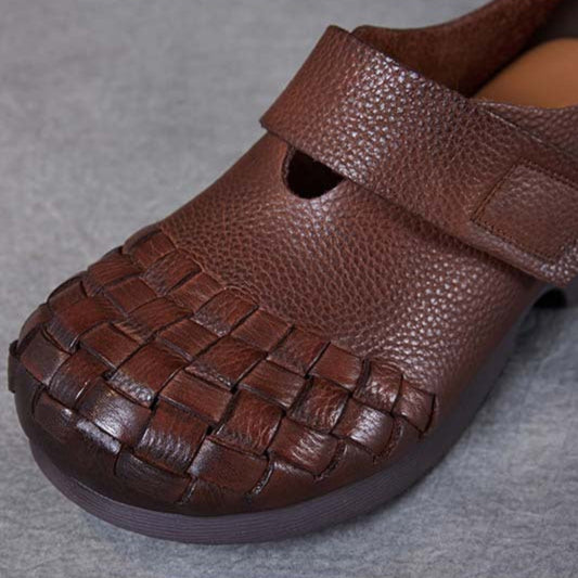 Women's Woven Leather Wide Toe Low Heel Velcro Casual Shoes