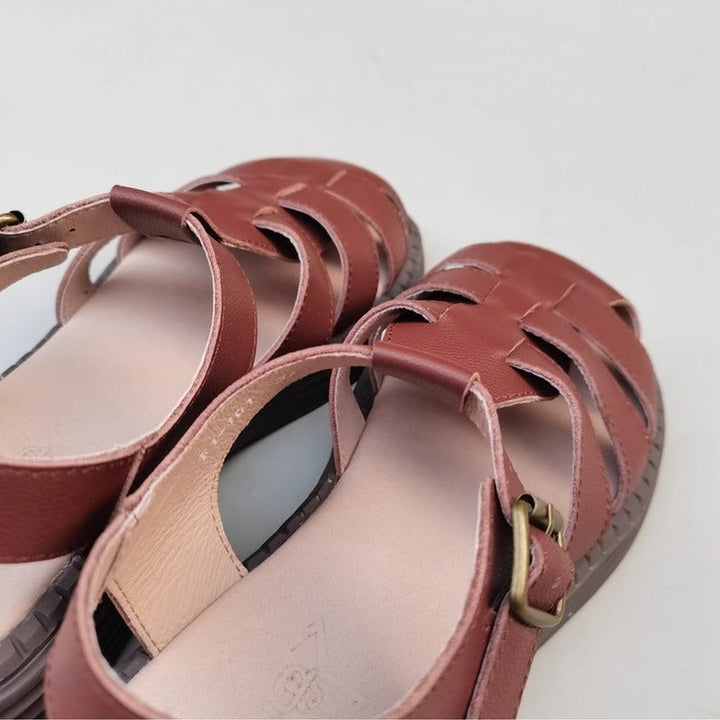 Women's Genuine Leather Wide-Toe Woven Sandals – Casual Style for Summer