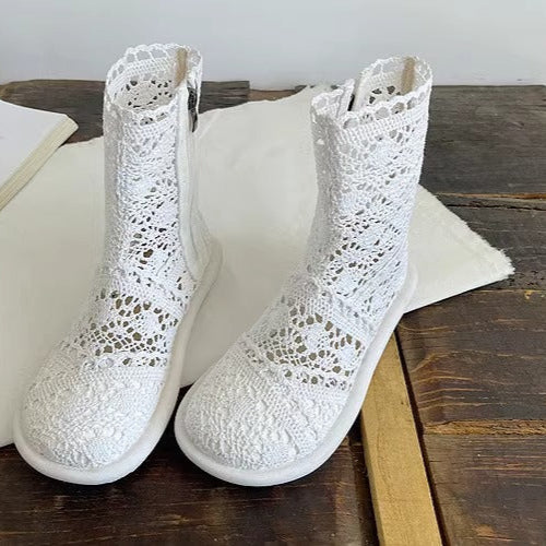 Women's Summer Literary Style Lace Side Zipper Wide Toe Box Short Boots