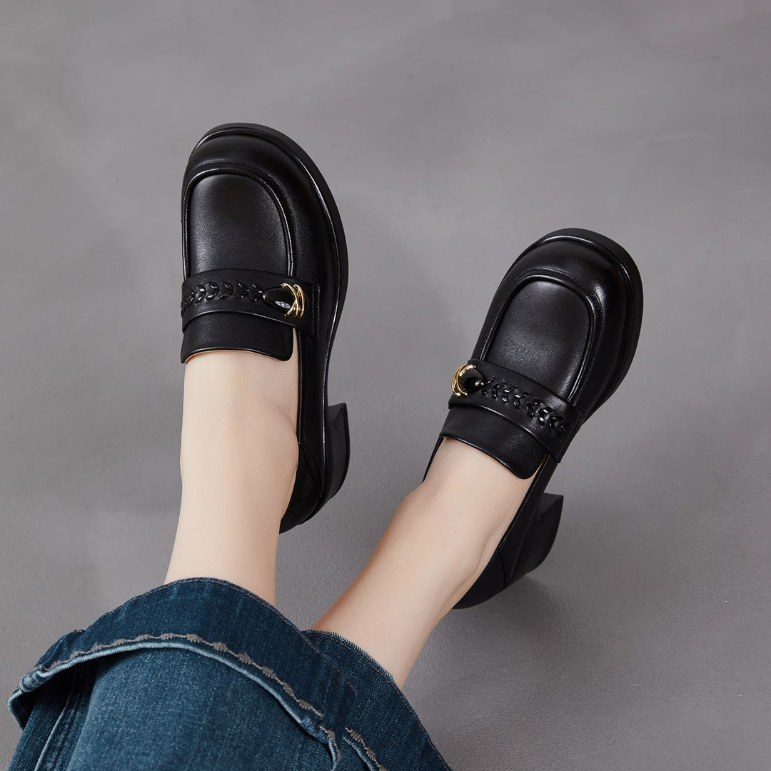 Women's Retro Sheepskin Loafers Vintage Round Toe Woven Strap Chunky Heels