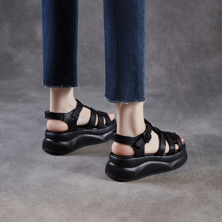 Women's Retro Leather Roman Sandals Vintage Round Toe Platform Chunky Platform Heels