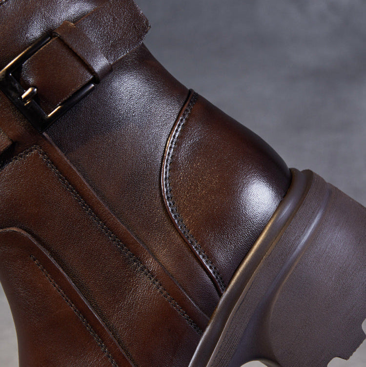 Women's Stylish Genuine Leather Platform Boots – Chunky Heel, Buckle & Side Zip