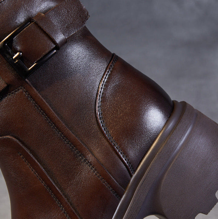 Women's Stylish Genuine Leather Platform Boots – Chunky Heel, Buckle & Side Zip