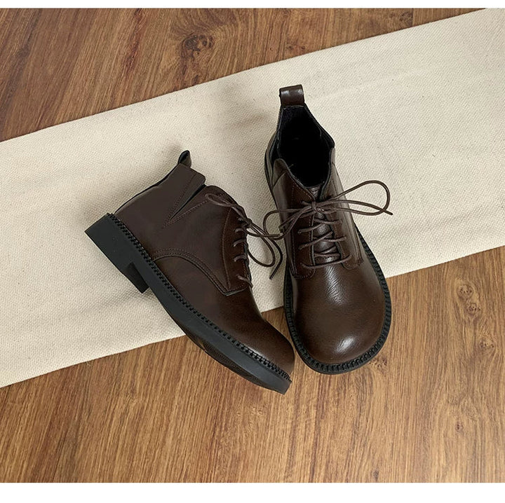 Women's Vegan Leather Ankle Boots Lace Up Casual Low Heel Booties Comfortable Walking Shoes