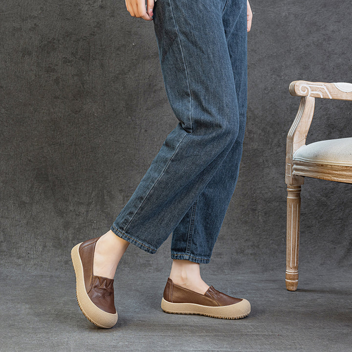 Womens Casual Leather Slip-on Loafers Closed Toe Platform Walking Shoes Anti-Collision