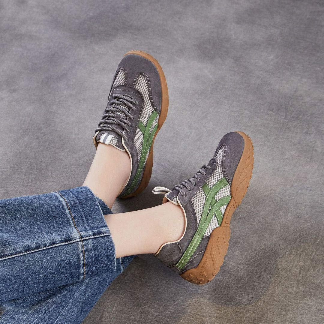 Womens Retro Mesh Running Sneakers Vintage Leather Lace-up Chunky Trainers