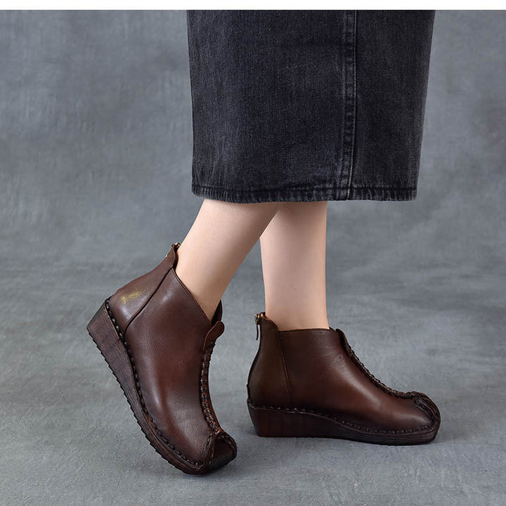 Women's Leather Ankle Boots - Vintage Wedge Low Heel Booties, Zipper Round Toe Stitching Fall Winter Shoes