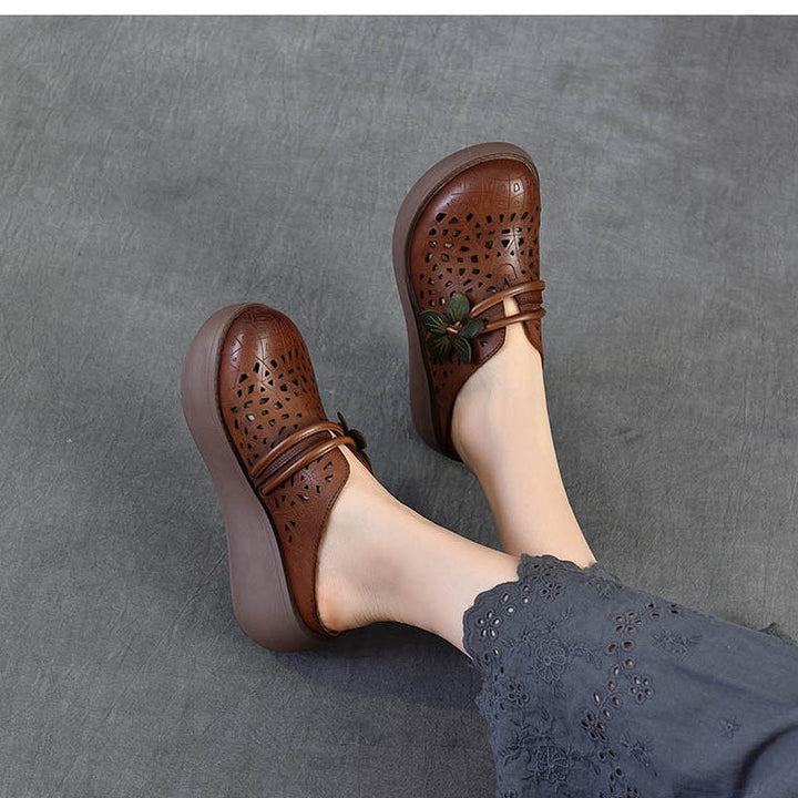 Women's Cowhide Platform Mules - Summer Shoes Breathable Floral Cut-out Sandals