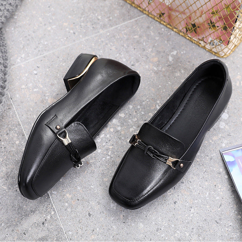 Women's Leather Loafers - Vintage Square Toe Dress Shoes, Comfort Block Heel Pumps