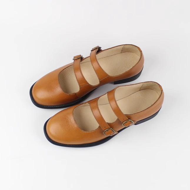 Women's Handmade Leather Classic British Style Double Buckle Mary Jane Shoes