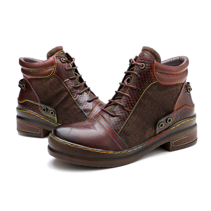 Women's Leather Ankle Boots - Contrast Stitching Flat Lace-up Zipper Boots