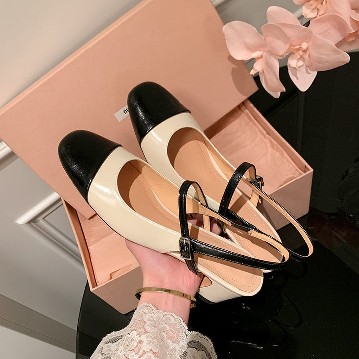 Women's Elegant French Patchwork Slip On Closed Toe Mid Heel Sandals