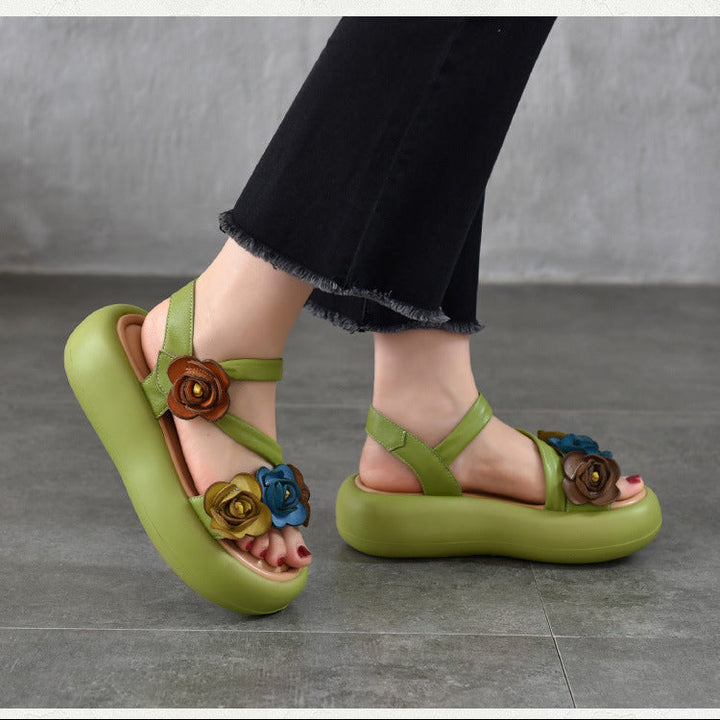 Women’s Floral Leather Summer Sandals – Lightweight Boho Style Platform Shoes