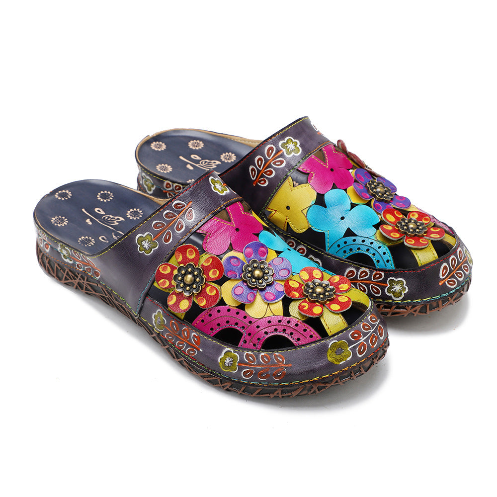 Womens Handmade Tropical Cut-out Leather Sandal Slippers