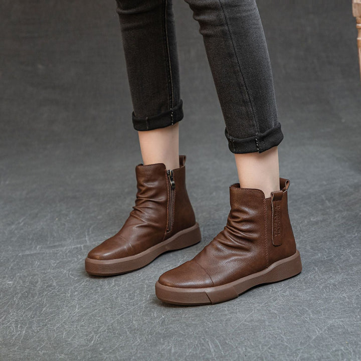 Comfortable Women's Flat Leather Boots – Casual Ruched Ankle Style