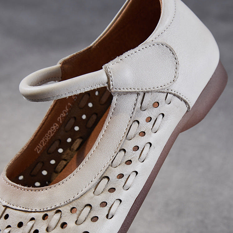 Women's Leather Mary Jane Sandals - Vintage Perforated Cut-Out Closed Round Toe Flat Shoes with Velcro