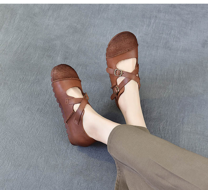 Women's Leather Flat Cross Strap Casual Shoes