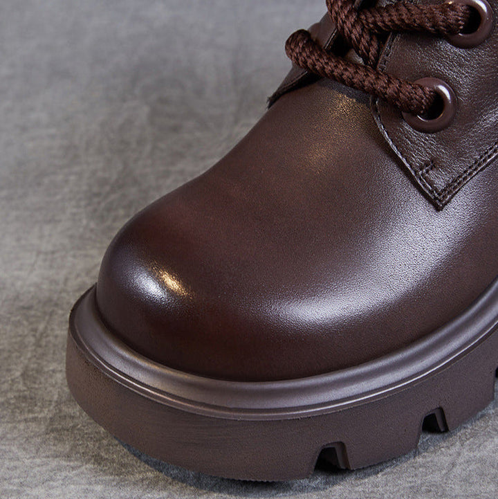 Women's Retro Genuine Leather Platform Lace-Up Chunky Boots