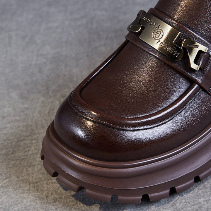 Women's Genuine Leather Platform Loafers - Chunky Heel with Metallic Hardware Details