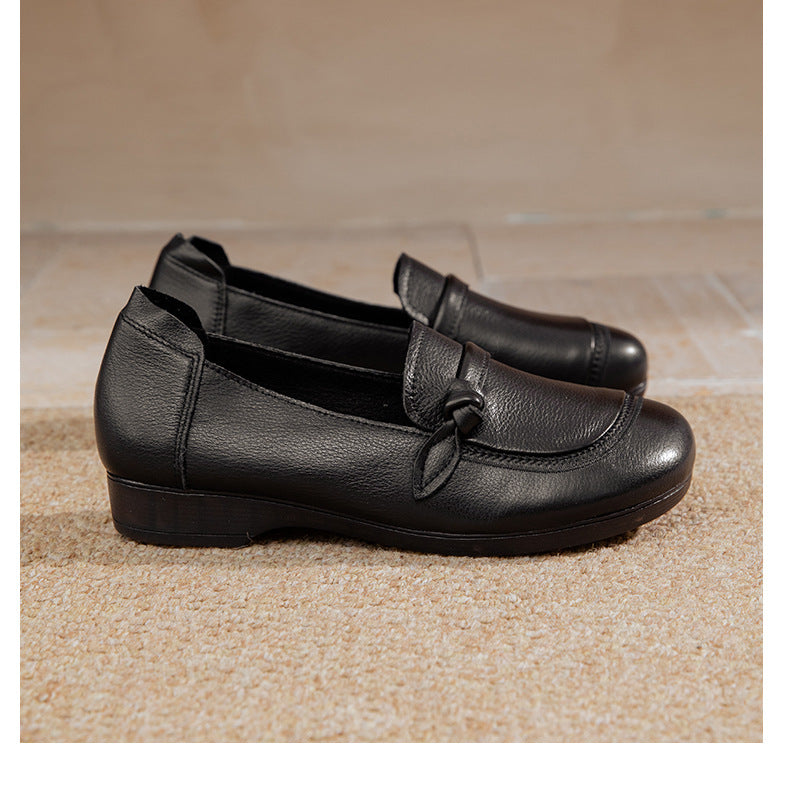 Women's Soft Leather Flats - Vintage Square Toe Drawstring Comfort Walking Shoes