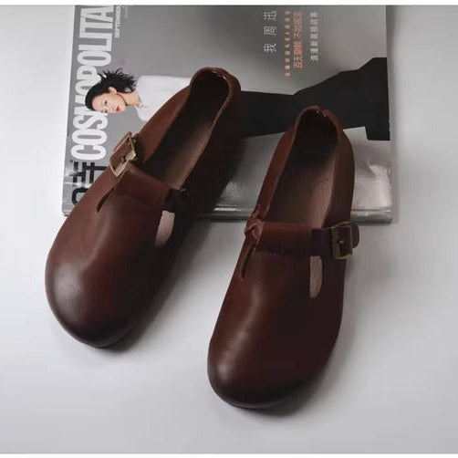 Women's Wide Round-Toe Genuine Leather Soft Flat Casual Shoes