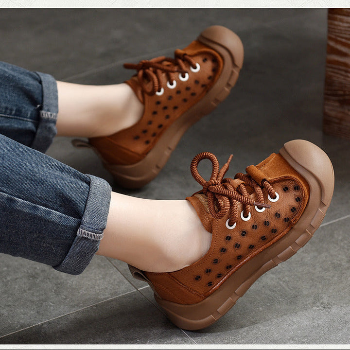 Women's Perforated Cowhide Sneakers - Unlined Summer Leisure Shoes - Thick Sole