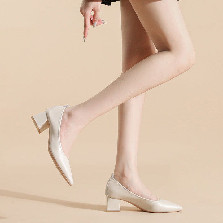 Women's Leather Pointed Toe Minimalist Mid Heel Pump