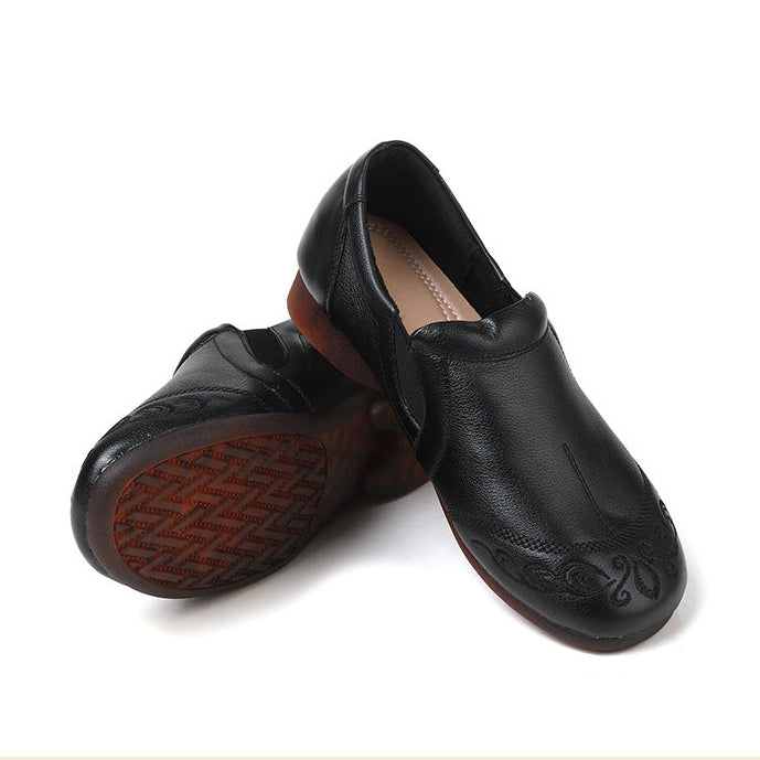 Women's Cowhide Vintage Embroidered Flat Loafers Slip On Walking Shoes