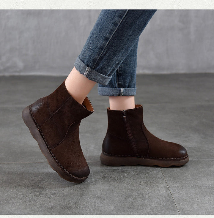 Women's Leather Zipper Ankle Boots – Comfortable Flat Casual Style