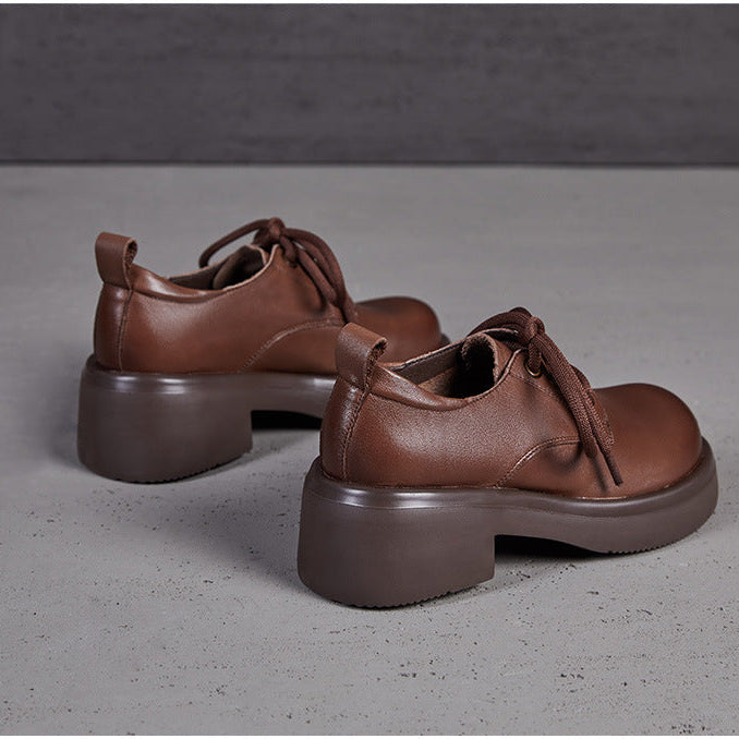 Women's Retro Leather Oxford Shoes Vintage Round Toe Platform Lace-up Chunky Heels