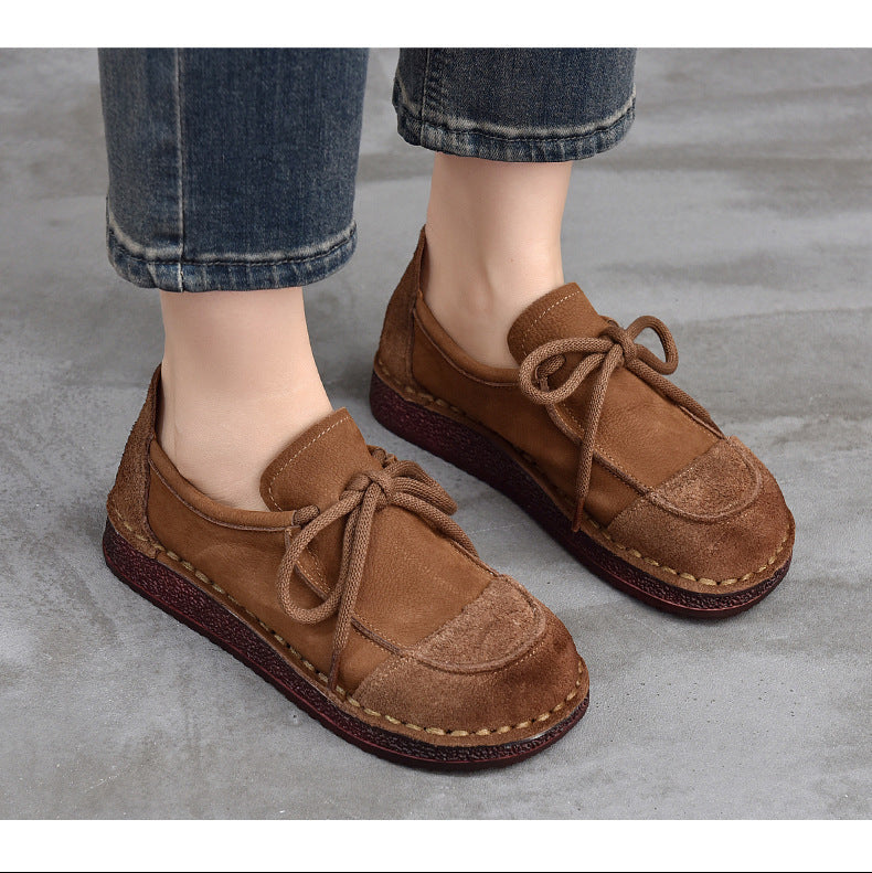Women's Leather Lace-Up Flat Shoes – Comfortable Patchwork Casual Style