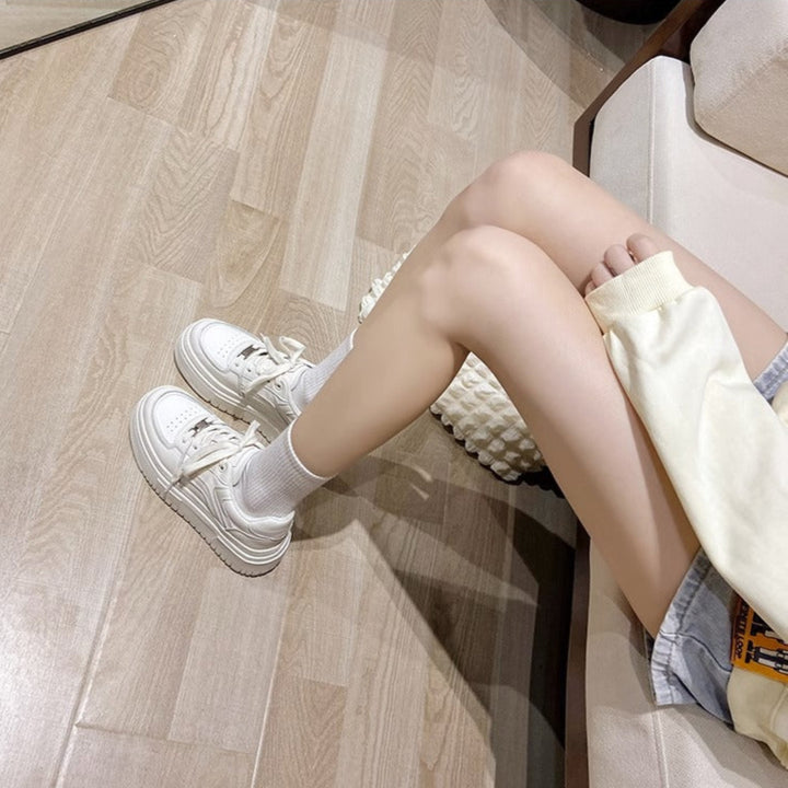 Women's Leather Thick Sole White Lace Up Casual Tennis Shoes