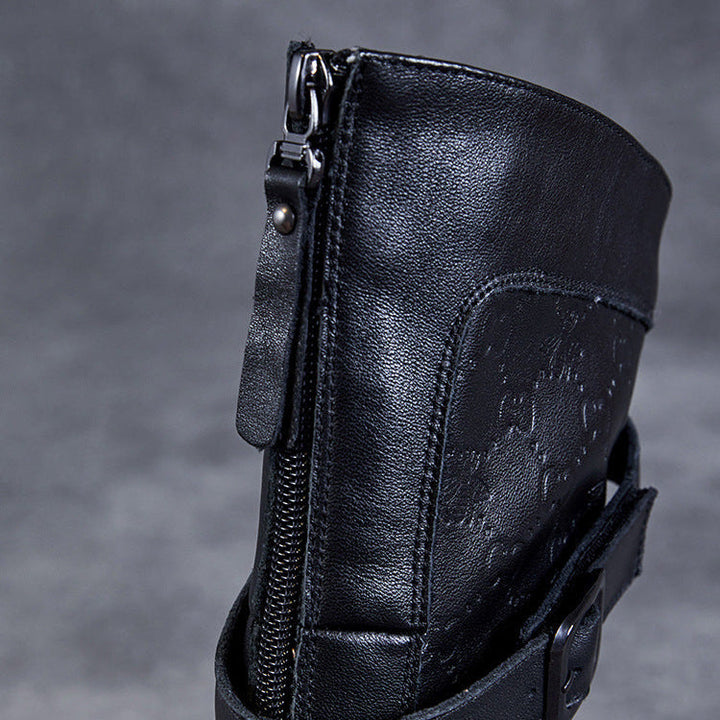 Women's Mid-Calf Embossed Genuine Leather Boots – Buckle Detail Chunky Heel Platform