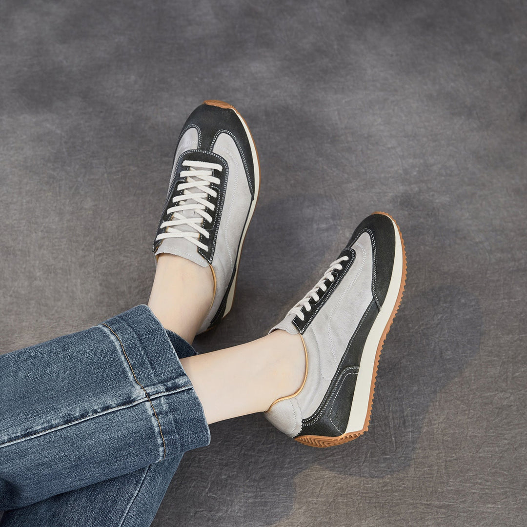 Women's Genuine Leather Hidden Wedge Sneakers Vintage Lace-up Round Toe Casual Shoes
