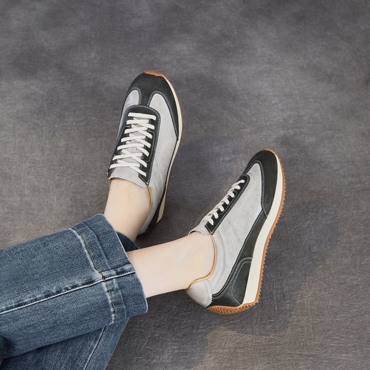 Women's Genuine Leather Hidden Wedge Sneakers Vintage Lace-up Round Toe Casual Shoes