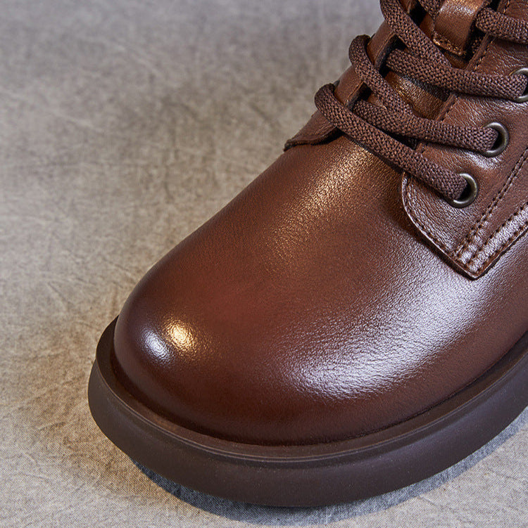 Women's Genuine Leather Casual Ankle Boots – Round Toe with Side Zipper