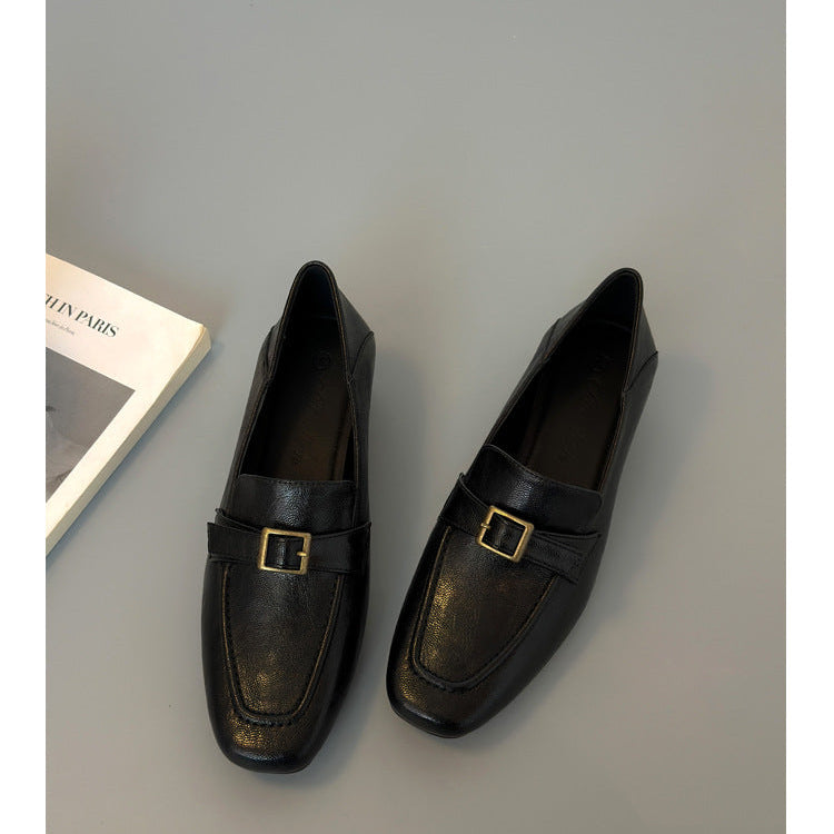 Women's Premium Leather Loafers - Square Toe Vintage Buckle Strap Chunky Heel Pumps