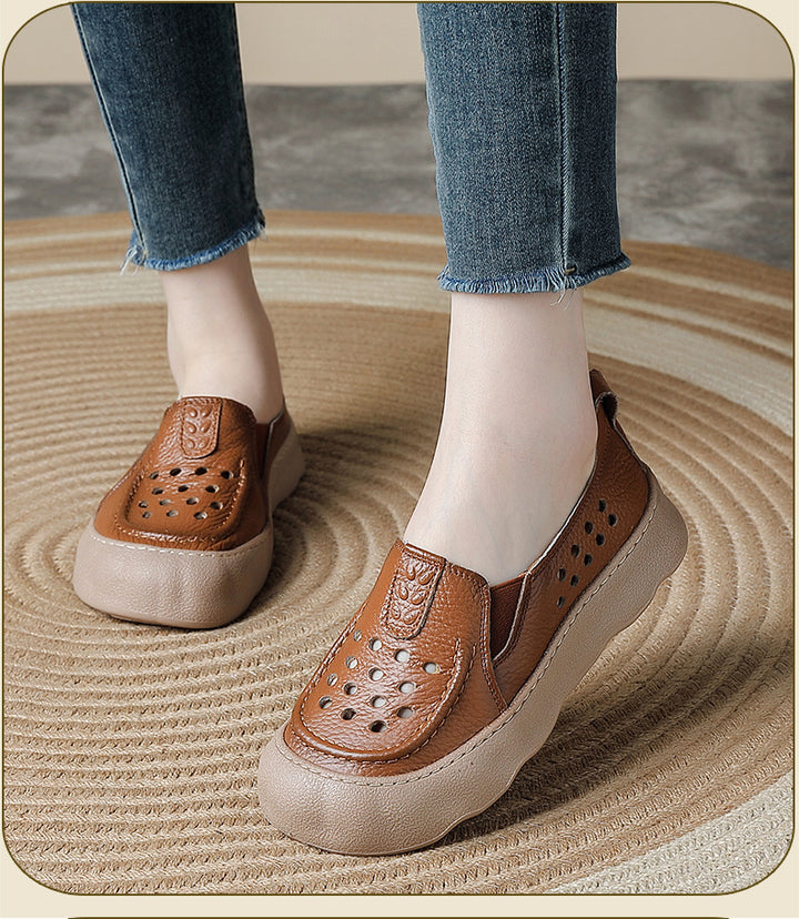 Women's Flats Vintage Hollow-Out Walking Shoes Leather Summer Loafers Retro Slip-On Platform Shoes