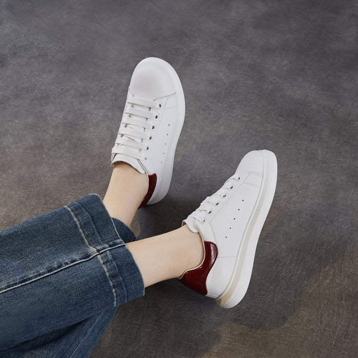 Women's Leather Casual Sneakers Spring Fall Round Toe Lace-up Platform Shoes