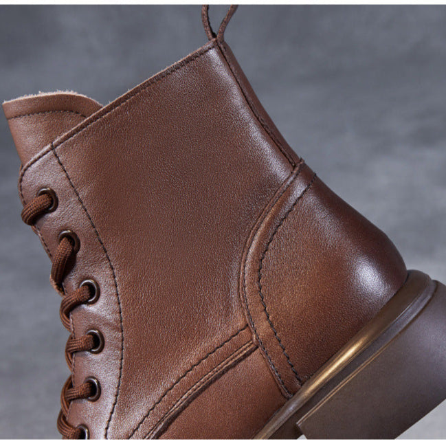 Women's Genuine Leather Lace-Up Side Zip Ankle Boots – Casual & Versatile