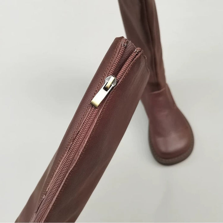 Women's Wide Toe Box Genuine Leather Knee High Boots British Style Riding Boots